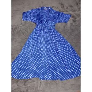 Women's vintage MS CHAUS dress Size 14 blue white polka dots Short sleeves